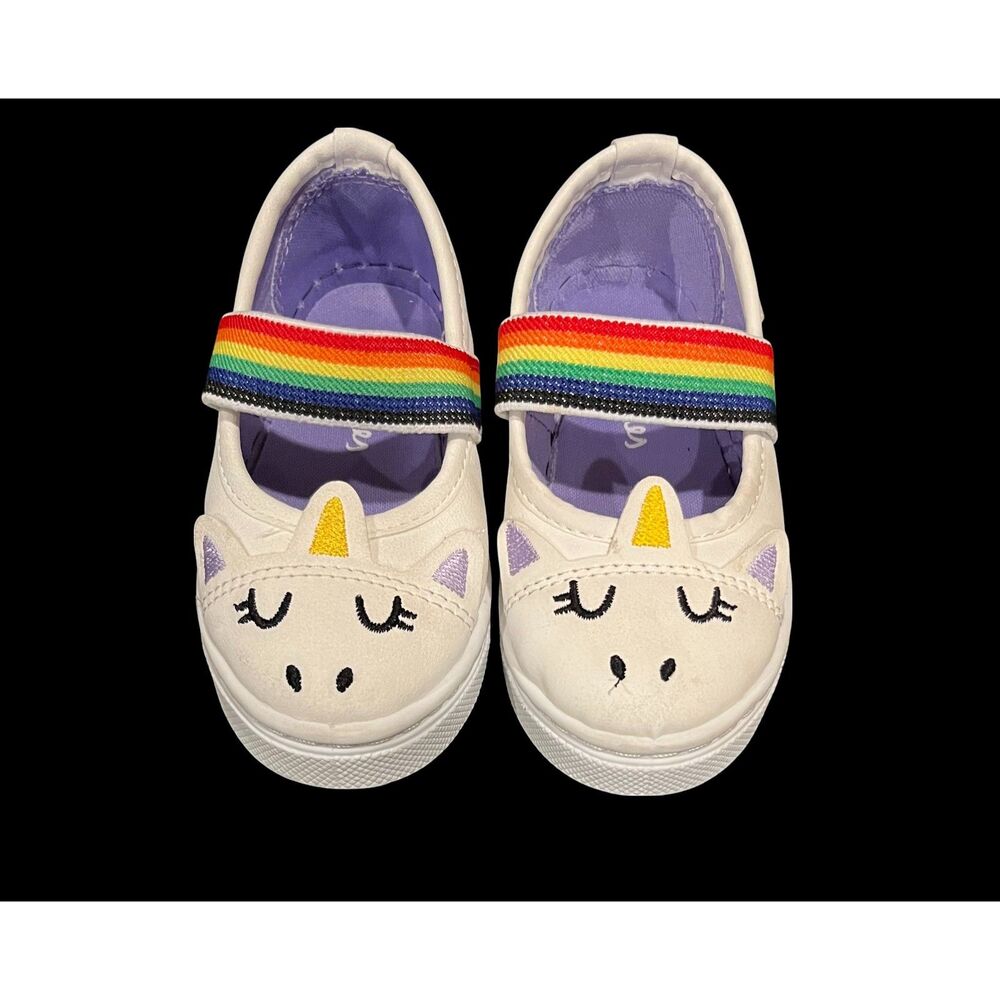 OOMPHIES Toddler Girl Slip On Mary Jane Unicorn Shoes Rainbow Strap Sz 5